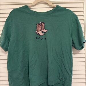 Life Is Good Teal Graphic Tee with Small Chest Print